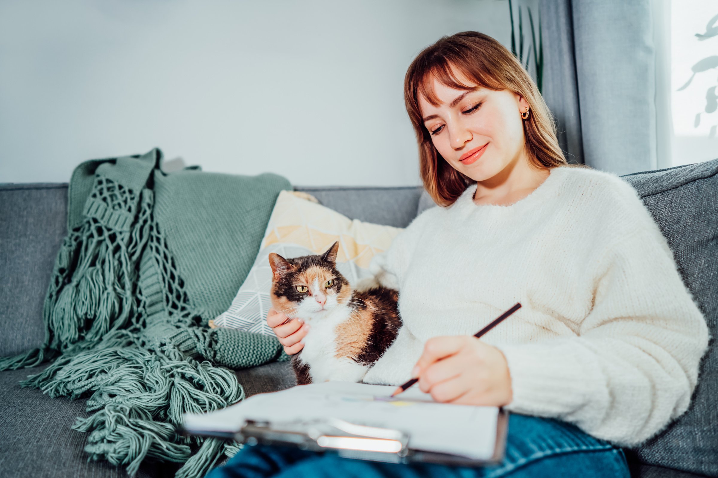 Relaxed Young Woman Drawing Work-Life Balance Wheel Sitting on the Sofa with Cat Pet at Home. Self-Reflection and Life Planning. Coaching Tools. Finding Balance in Your Life. Selective Focus